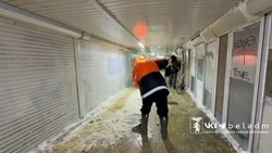 Коммунальщики убирают наледь в подземном переходе «Сокол» 